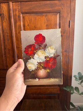 Vintage Original Floral Still Life Oil Painting on Wood Panel Red White Roses